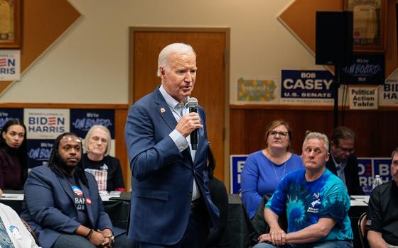 President Joe Biden speaks at the Carpenters Union Hall April 16 in Scranton, Pennsylvania. (AP/Alex Brandon)