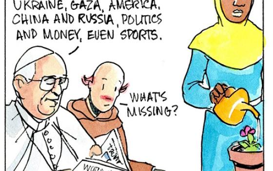 Francis, the comic strip: Gabby reminds Francis and Brother Leo of the suffering in Africa.