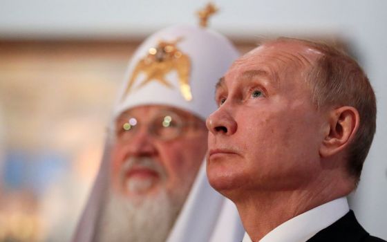 Russian President Vladimir Putin and Russian Orthodox Patriarch Kirill of Moscow visit an exhibition in Moscow in this Nov. 4, 2019, file photo. The Vatican has appealed to Kirill to intervene and ask Russian President Vladimir Putin to end the war. 