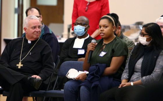 Philadelphia Archbishop Nelson Pérez joins college students, other young adults and ministry leaders during a synodal listening session at La Salle University April 4. (CNS photo/CatholicPhilly.com/Sarah Webb)