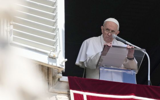 Pope Francis reads his message during the Angelus noon prayer July 18 from the window of his studio overlooking St. Peter's Square at the Vatican. (AP/Alessandra Tarantino)
