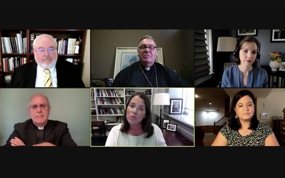 Top row, from left: John Carr, Cardinal Joseph Tobin and Mollie O'Reilly. Bottom row, from left: Bishop Kevin Rhoades, moderator Kim Daniels and Gretchen Crowe. (NCR screenshot)