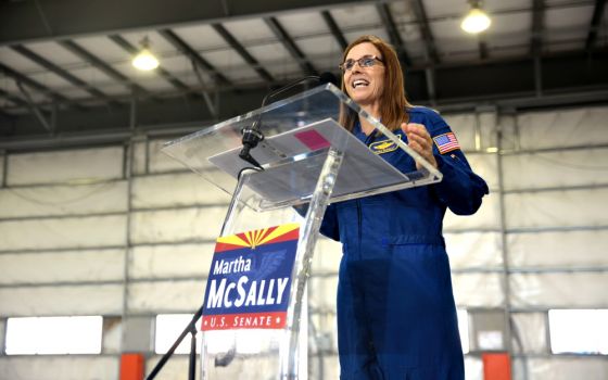 Arizona Rep. Martha McSally speaks with supporters at the announcement of her U.S. Senate campaign at the Swift Aviation Hangar in Phoenix Jan. 12. (Wikimedia Commons/Gage Skidmore)