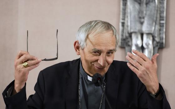 Cardinal Matteo Zuppi, the new head of the Italian bishops' conference, talks during a press conference in Rome May 27. (AP/Alessandra Tarantino)