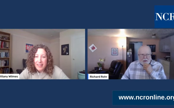 NCR's Brittany Wilmes, left, speaks with Fr. Richard Rohr in an NCR livestream conversation on March 31, posted to YouTube. (NCR screenshot)