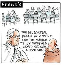 Synod delegates began by praying for the world. They wept and could not stop. A good sign.