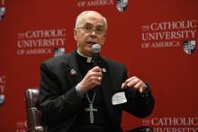 Bishop Mark Seitz of El Paso, Texas, speaks during an immigration conference at The Catholic University of America in Washington April 11, 2024. (OSV News/Catholic University of America/Patrick Ryan)