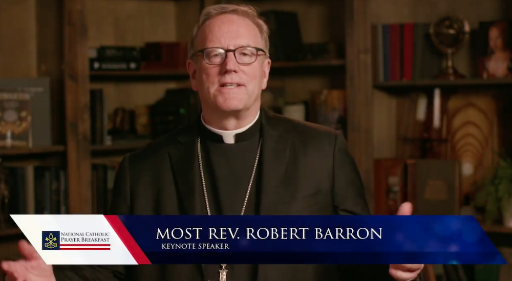 Keynoting the virtual National Catholic Prayer Breakfast Sept. 23: Auxiliary Bishop Robert Barron of the Archdiocese of Los Angeles and founder of the digital ministry Word On Fire (NCR screenshot)