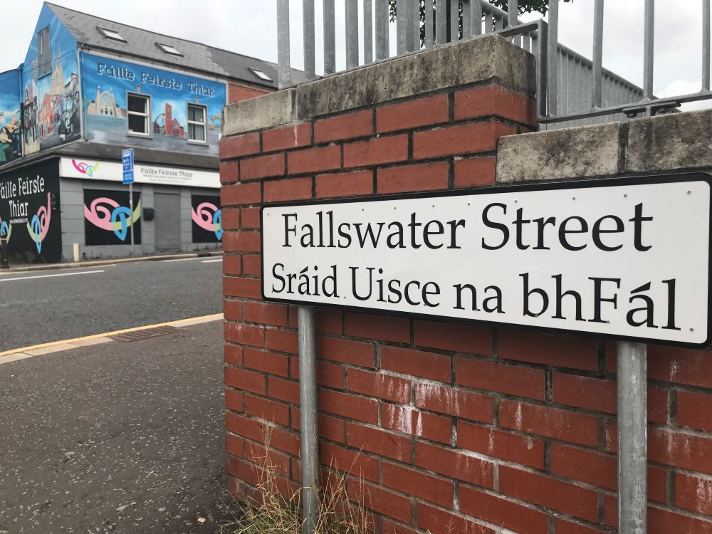 A street sign in West Belfast uses both the English and Irish languages. (NCR/Claude Colart)