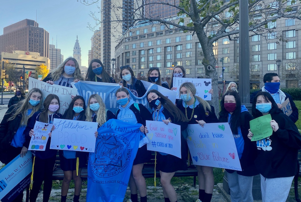 John W. Hallahan Catholic Girls' High School students participate in a Nov. 20, 2020, school walkout to protest the archdiocese’s decision to close their high school. (Courtesy of Kim Kimrey)