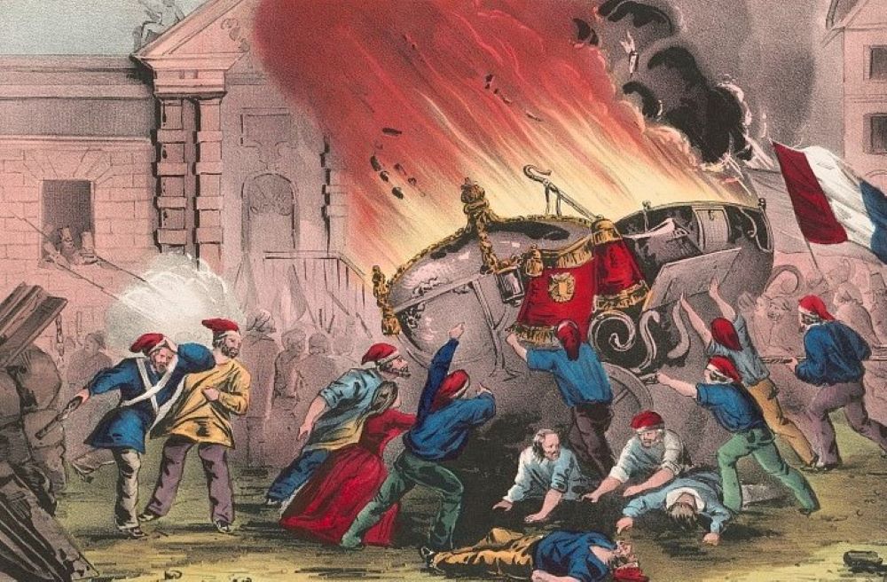 An image depicts burning royal carriages at the Chateau d'Eu during the French Revolution, c. 1848. (Library of Congress/N. Currier)