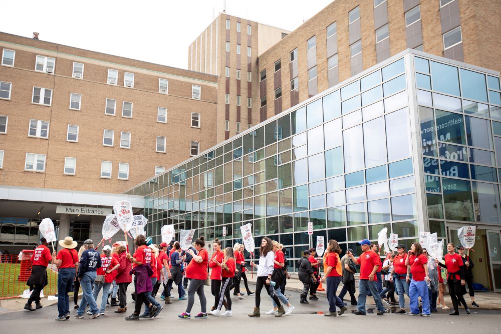 Health care workers at Mercy Hospital in Buffalo, N.Y., participate Oct. 4 in an ongoing strike protesting working conditions in hospitals amid the coronavirus pandemic. (CNS/Reuters/Lindsay DeDario)