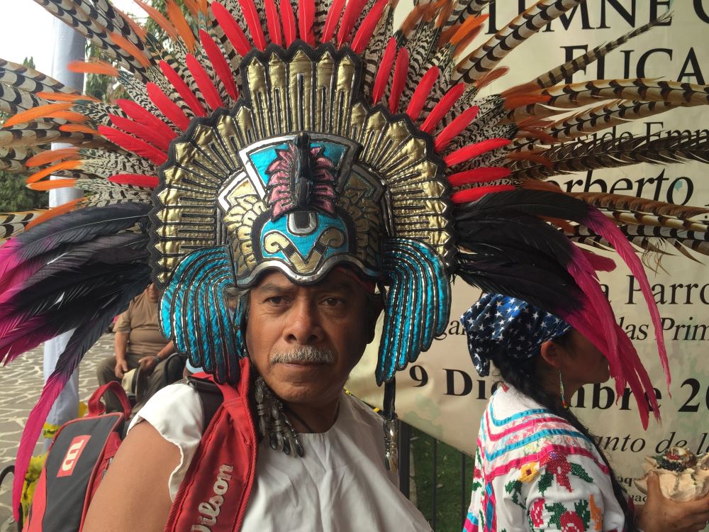 Jose Alfredo Robles, a conchero dancer, celebrates the feast day for St. Juan Diego at the Basilica of Our Lady of Guadalupe in Mexico City in this Dec. 9, 2015, file photo. (CNS/David Agren)