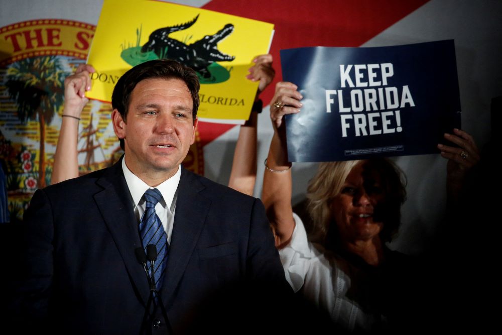 Florida Gov. Ron DeSantis pauses as he speaks at the Republican Party of Florida Night Watch Party during the primary election, in Hialeah, Florida, in this Aug. 23 file photo. (CNS/Reuters/Marco Bello)