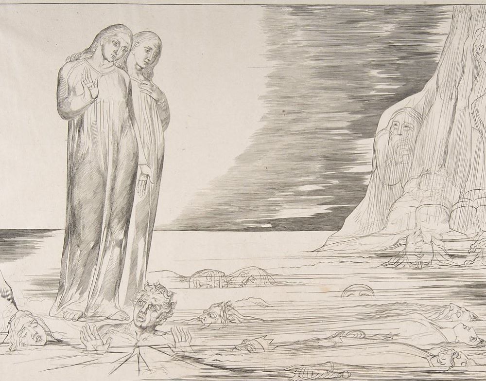 "The Circle of Traitors: Dante's Foot Striking Bocca degli Abbate," engraving by William Blake, ca. 1825–27 (Metropolitan Museum of Art/Rogers Fund, 1917)