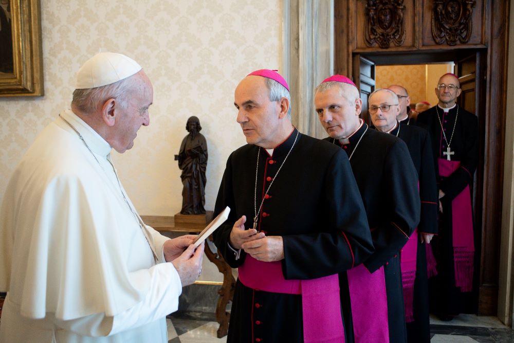 Pope Francis greets Polish bishops at the Vatican Oct. 12, 2021, during their "ad limina" visit to Rome. (CNS photo/Vatican Media)