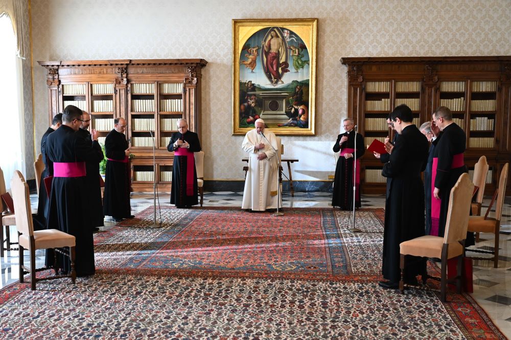 Pope Francis delivers his blessing during his general audience in the library of the Apostolic Palace at the Vatican Jan. 20, 2021. (CNS/Vatican Media)