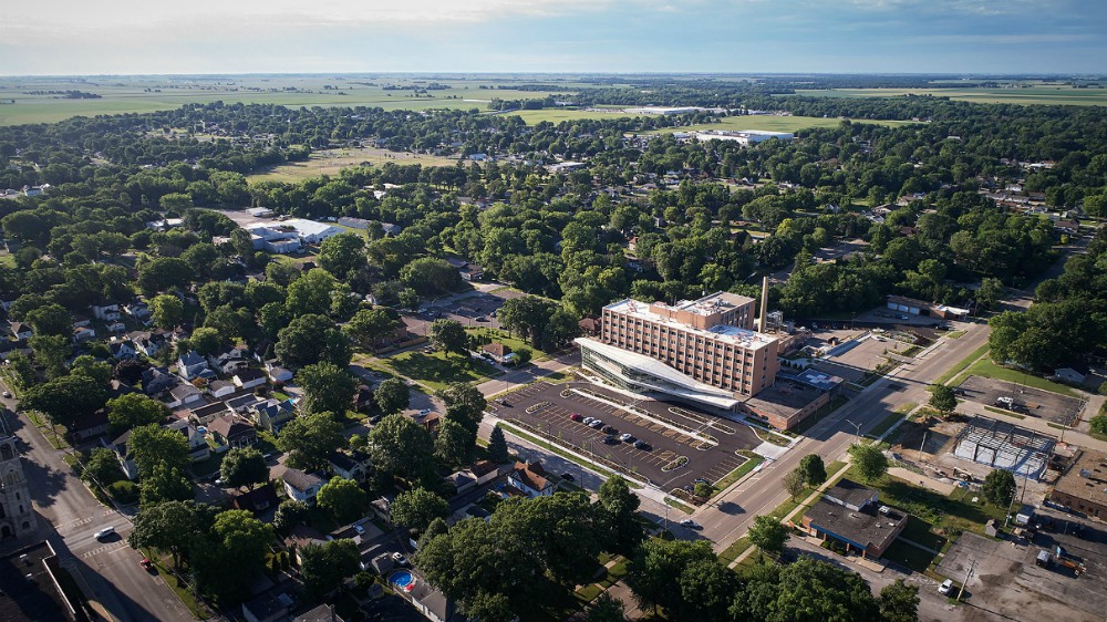 An aerial view of OSF Center for Health-Streator in Streator, Illinois. The nearest inpatient facility for most residents of Streator is OSF's hospital in Ottawa, Illinois — roughly 15 miles away. (Courtesy of OSF)