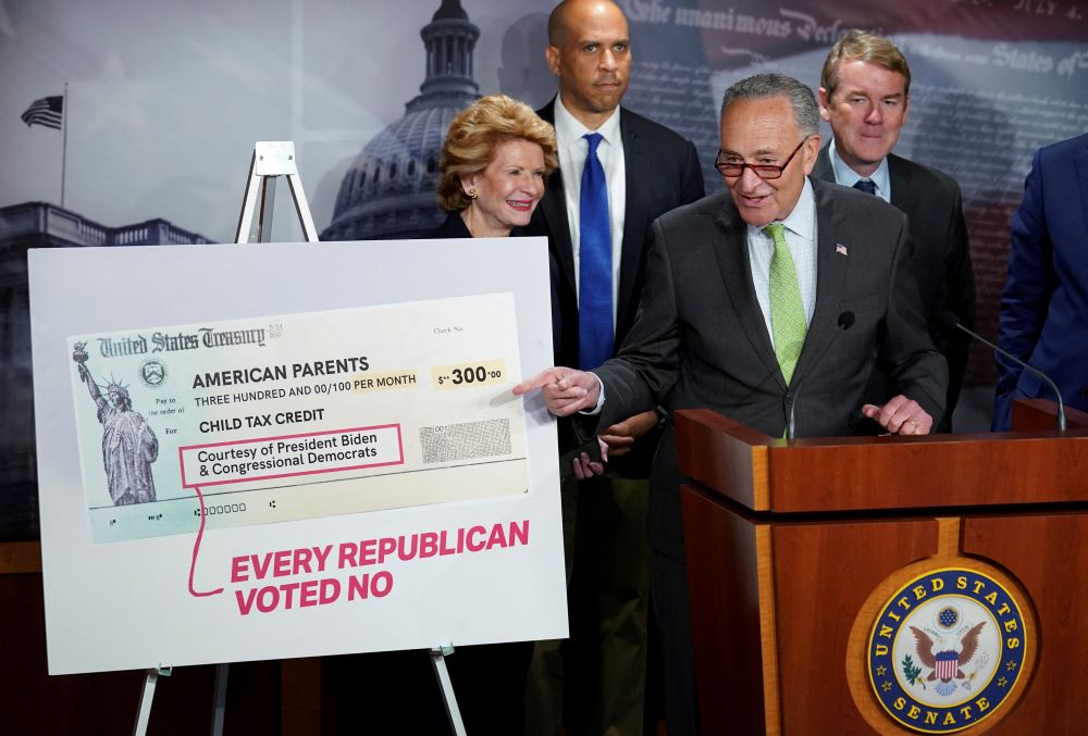 U.S. Senate Majority Leader Chuck Schumer, D-N.Y., holds a news conference at the U.S. Capitol in Washington, D.C., July 15, 2021, about expanded child tax credit payments. (CNS/Reuters/Kevin Lamarque)