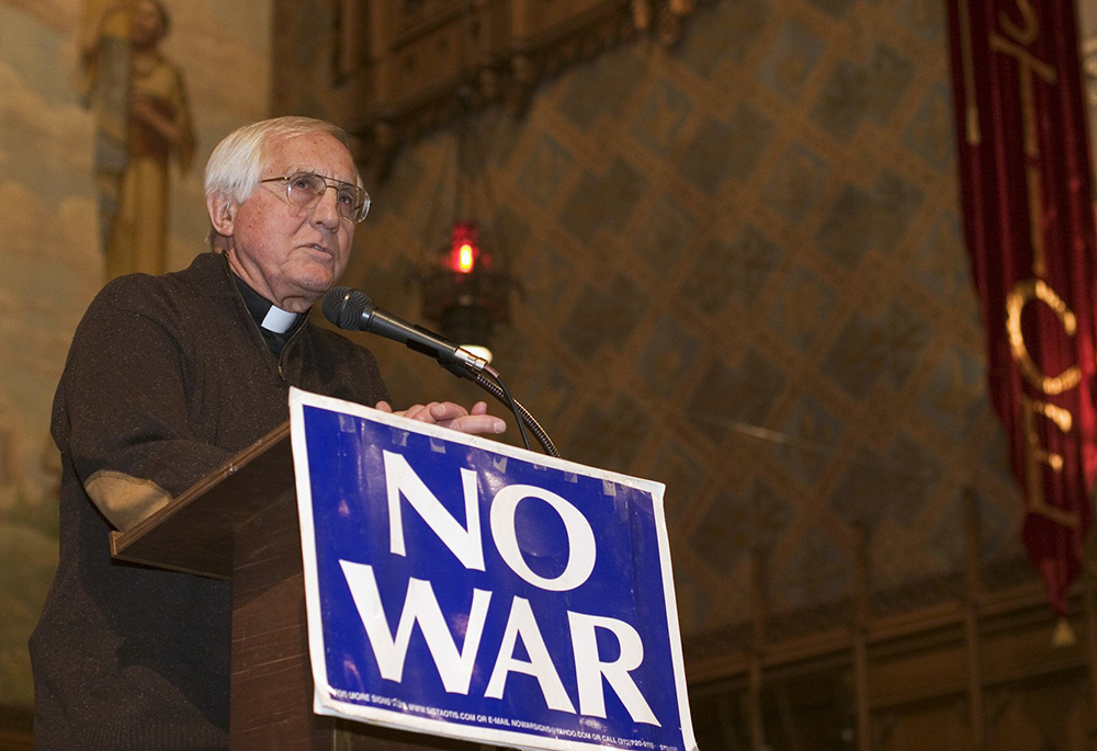 Catholic Bishop Thomas Gumbleton, auxiliary bishop of Detroit, addresses several hundred anti-war activists at Central United Methodist Church March 18, 2005, in Detroit. (CNS/Jim West)