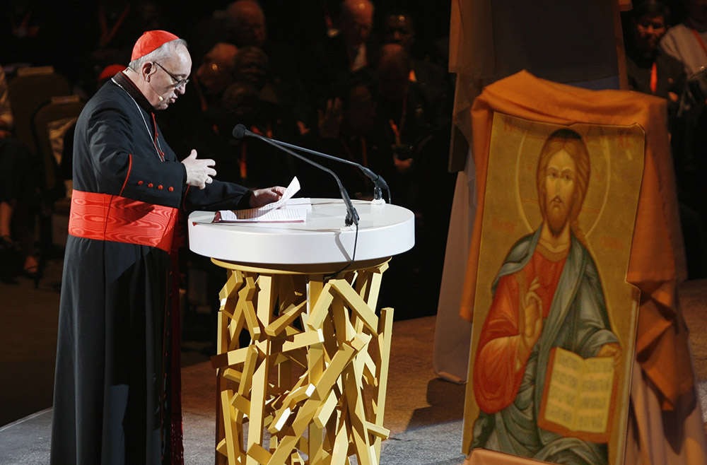 Then-Cardinal Jorge Mario Bergoglio of Buenos Aires, Argentina, delivers a catechesis June 18, 2008, during the Eucharistic Congress in Quebec City. (CNS/Catholic Times/Moussa Faddoul, SJ) Then-Cardinal Jorge Mario Bergoglio of Buenos Aires, Argentina, delivers a catechesis June 18, 2008, during the Eucharistic Congress in Quebec City. (CNS/Catholic Times/Moussa Faddoul, SJ)