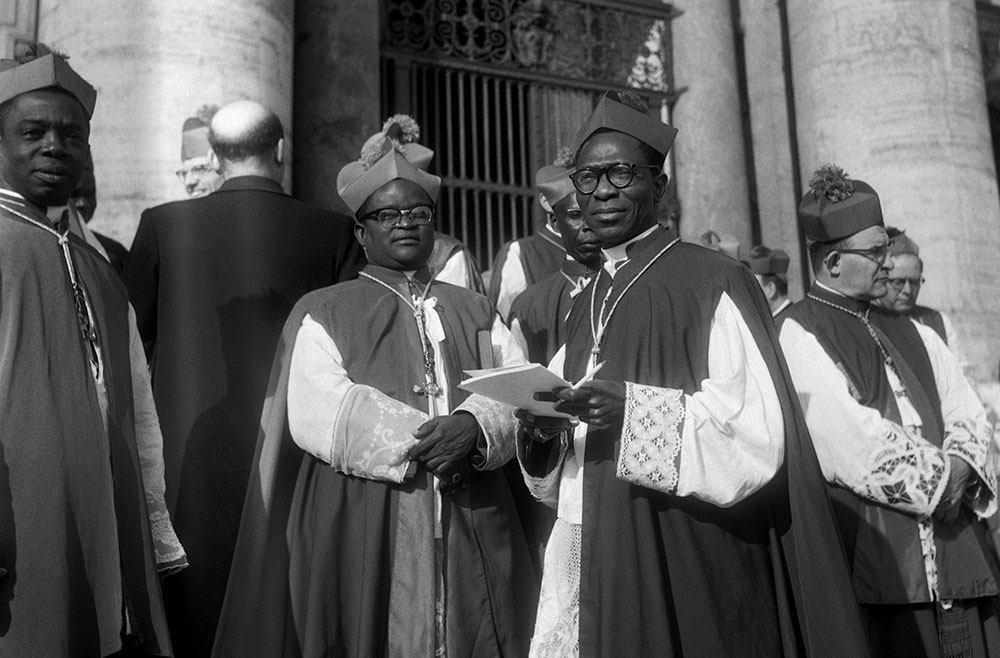 Bishops are pictured on the steps of St. Peter's Basilica following a meeting of the Second Vatican Council in 1962. (CNS/Catholic Press Photo/Giancarlo Giuliani)