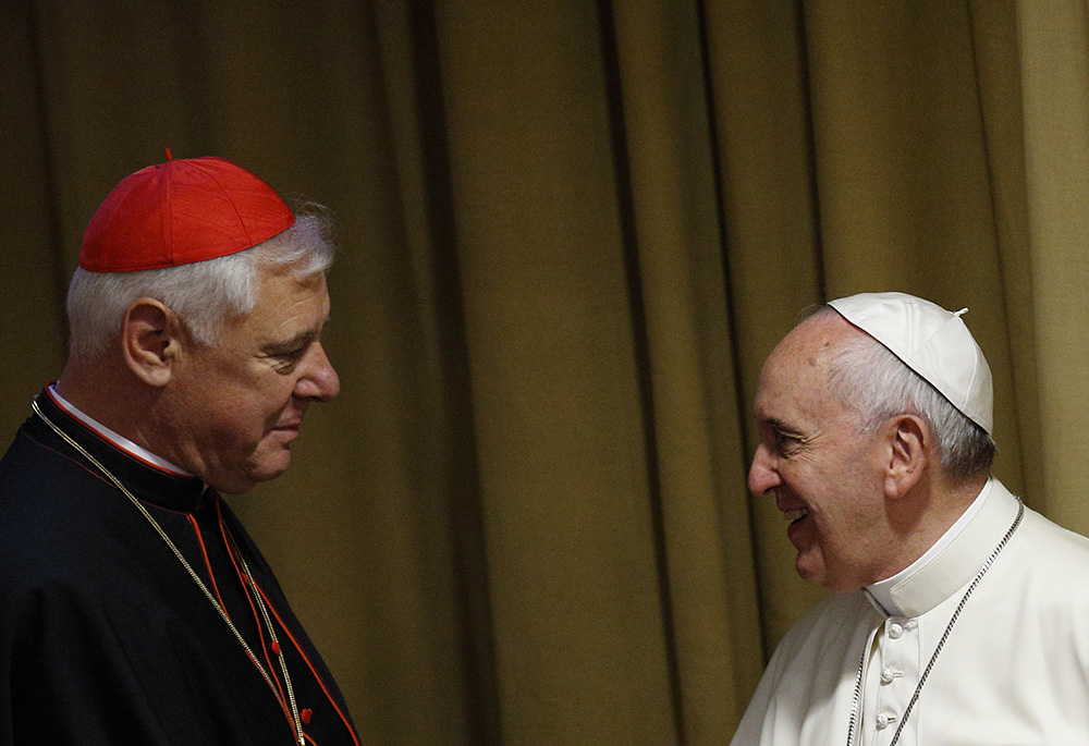 Cardinal Gerhard Müller, then-prefect of the Congregation for the Doctrine of the Faith, greets Pope Francis before the morning session of the extraordinary Synod of Bishops on the family Oct. 13, 2014, at the Vatican. (CNS/Paul Haring) Cardinal Gerhard Müller, then-prefect of the Congregation for the Doctrine of the Faith, greets Pope Francis before the morning session of the extraordinary Synod of Bishops on the family Oct. 13, 2014, at the Vatican. (CNS/Paul Haring)