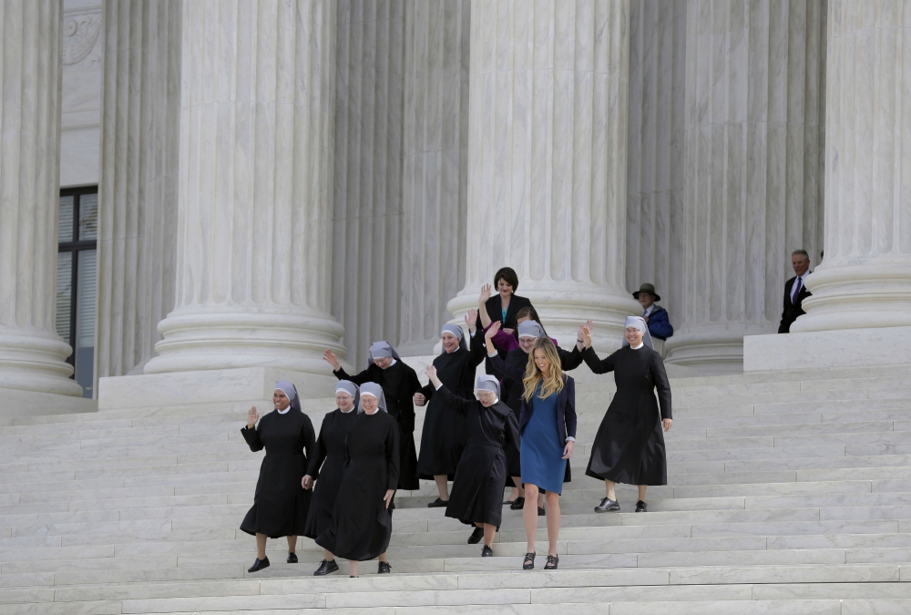 Members of the Little Sisters of the Poor and other women walk down the steps of the U.S. Supreme Court in Washington in March 2016 after attending oral arguments in the Zubik v. Burwell contraceptive mandate case. (CNS/Reuters/Joshua Roberts) Members of the Little Sisters of the Poor and other women walk down the steps of the U.S. Supreme Court in Washington in March 2016 after attending oral arguments in the Zubik v. Burwell contraceptive mandate case. (CNS/Reuters/Joshua Roberts)