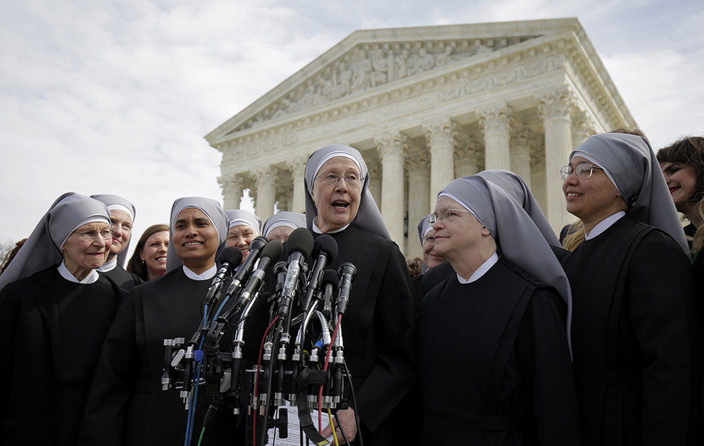 The Denver-based Little Sisters of the Poor speak to the media outside the U.S. Supreme Court in Washington, D.C., in 2016. The Becket Fund represented the sisters in their fight against the Affordable Care Act's contraceptive mandate. (CNS/Reuters)