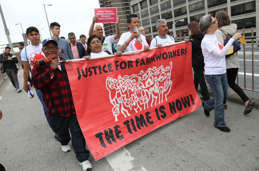 Participants in the March for Farmworker Justice cross the Brooklyn Bridge into the New York borough of Manhattan May 21, 2016. (CNS/Gre