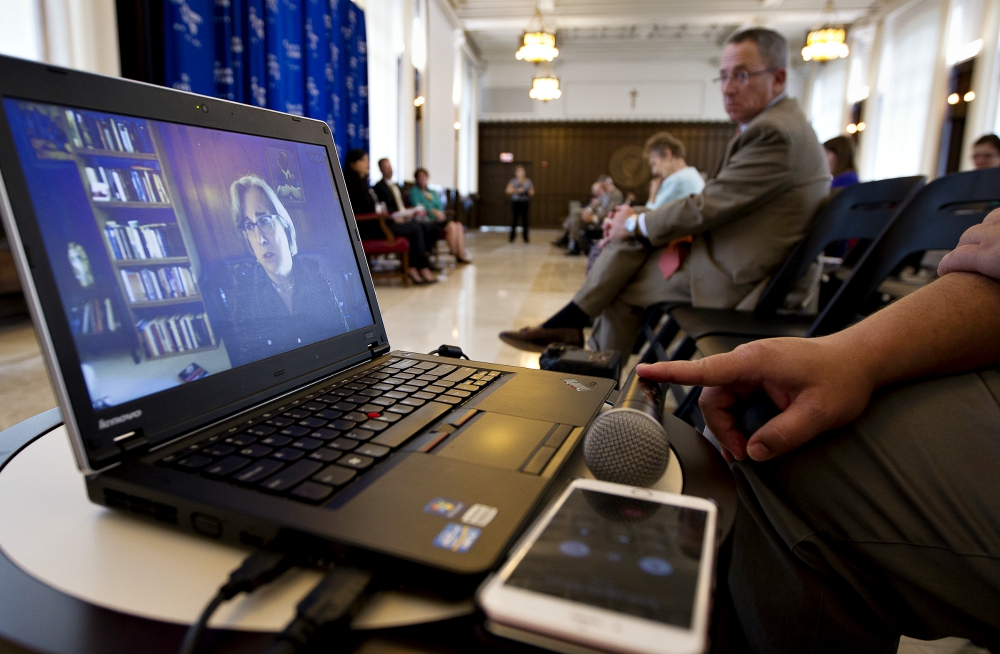 Janet Smith talks via Skype about "Humanae Vitae" at a 2016 news conference at the Catholic University of America. Smith is scheduled to speak at the Napa Institute's "Authentic Reform" conference Oct. 2 in Washington, D.C. (CNS/Tyler Orsburn)