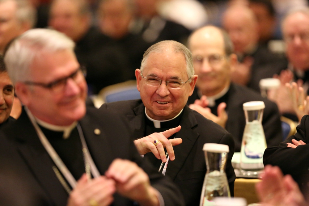 Archbishop José Gomez of Los Angeles smiles Nov. 15, 2016, after he was elected vice president of the U.S. Conference of Catholic Bishops during their annual fall general assembly in Baltimore. (CNS/Bob Roller) Archbishop José Gomez of Los Angeles smiles Nov. 15, 2016, after he was elected vice president of the U.S. Conference of Catholic Bishops during their annual fall general assembly in Baltimore. (CNS/Bob Roller)