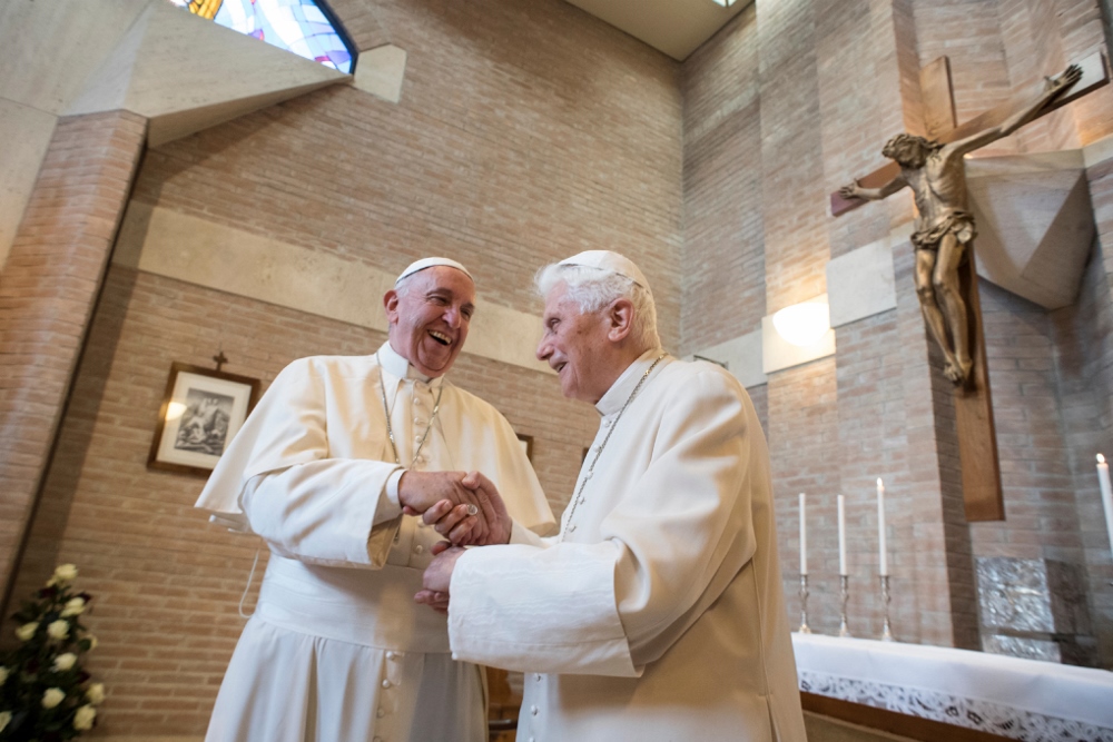 Pope Francis talks with Pope Emeritus Benedict XVI during a visit with new cardinals at the retired pope's residence after a consistory at the Vatican Nov. 19, 2016. (CNS/L'Osservatore Romano, handout) Pope Francis talks with Pope Emeritus Benedict XVI during a visit with new cardinals at the retired pope's residence after a consistory at the Vatican Nov. 19, 2016. (CNS/L'Osservatore Romano, handout)