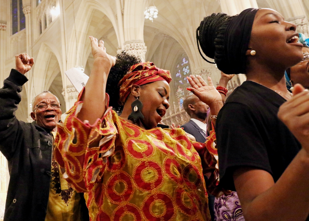 Members of the Mixed African Choir of St. Augustine-Our Lady of Victory Parish in the Bronx, New York, sing during the annual Black History Month Mass at St. Patrick's Cathedral in New York Feb. 5. (CNS/Gregory A. Shemitz)
