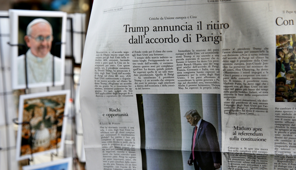 "Trump announces withdrawal from the Paris accord," says the headline in the Vatican's L'Osservatore Romano newspaper, released the evening of June 2. (CNS/Paul Haring)