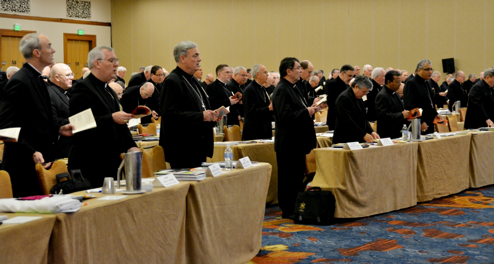 Bishops sing during afternoon prayer June 14 on the opening day of the U.S. Conference of Catholic Bishops' annual spring assembly in Indianapolis. (CNS/The Criterion/Sean Gallagher)