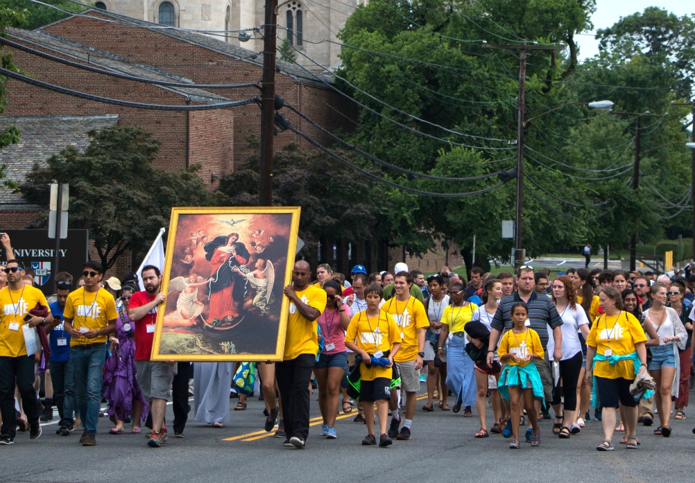 World Youth Day Unite participants march near Washington's Basilica of the National Shrine of the Immaculate Conception July 22, 2017. (CNS/Archdiocese of Washington/Courtesy of Daphne Stubbolo)