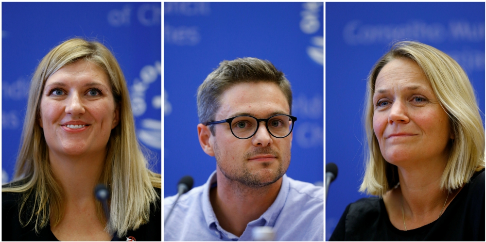 A combination photo shows members of the International Campaign to Abolish Nuclear Weapons in Geneva Oct. 6. From left: Beatrice Fihn, executive director; Daniel Hogsta, coordinator; and Grethe Ostern, a member of the organization's steering committee.