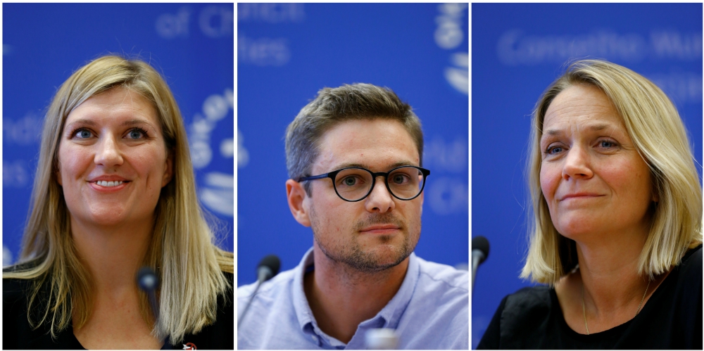 A combination photo shows members of the International Campaign to Abolish Nuclear Weapons in Geneva Oct. 6. From left: Beatrice Fihn, executive director; Daniel Hogsta, coordinator; and Grethe Ostern, a member of the organization's steering committee. A combination photo shows members of the International Campaign to Abolish Nuclear Weapons in Geneva Oct. 6. From left: Beatrice Fihn, executive director; Daniel Hogsta, coordinator; and Grethe Ostern, a member of the organization's steering committee.