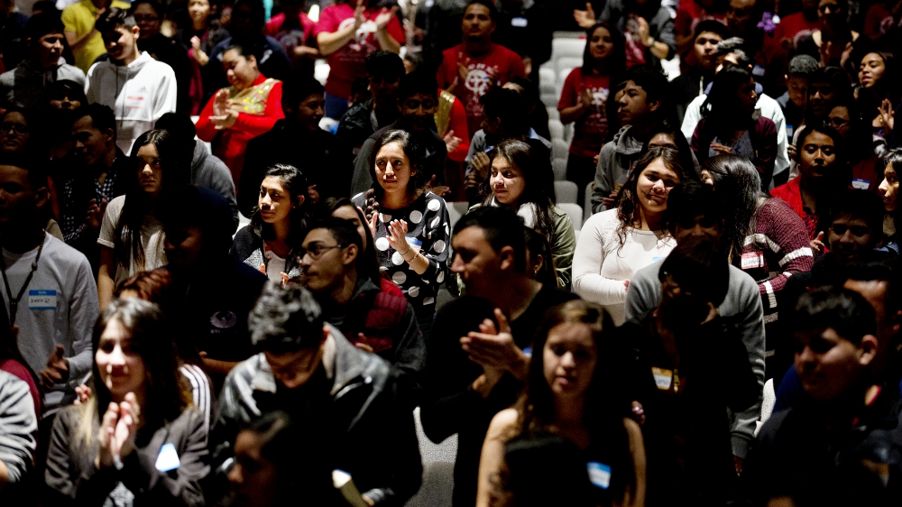 Young people are seen during a daylong regional encuentro Oct. 28, 2017, at Herndon Middle School in Herndon, Virginia. About 600 Hispanic/Latino young adults attended the gathering. (CNS/Tyler Orsburn)