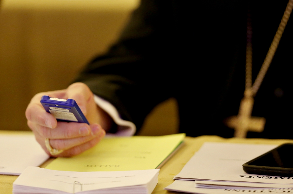 A bishop votes during elections Nov. 14 at the fall general assembly of the U.S. Conference of Catholic Bishops in Baltimore. (CNS/Bob Roller) A bishop votes during elections Nov. 14 at the fall general assembly of the U.S. Conference of Catholic Bishops in Baltimore. (CNS/Bob Roller)