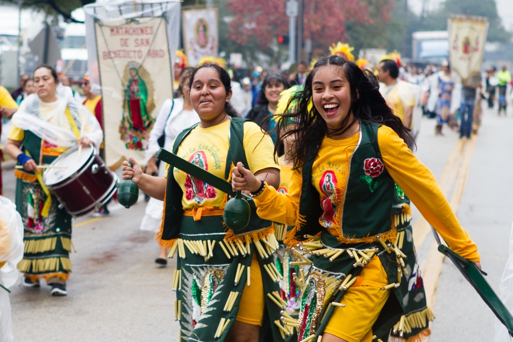 Two teenage girls perform with other Matachines dancers during a celebration honoring Our Lady of Guadalupe, Dec. 3, 2017, in Houston. (CNS/Texas Catholic Herald/James Ramos)