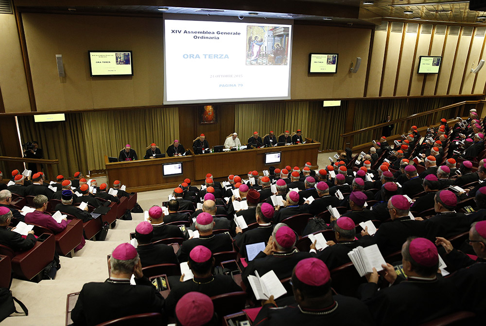 Pope Francis presides at the morning session of the Synod of Bishops on the family in 2015 at the Vatican. The concept of "synodality," originally applied to bishops meeting together to discuss church teaching, has become increasingly important and extend