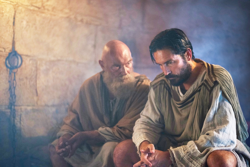 James Faulkner as Paul and Jim Caviezel as Luke are seen in the film "Paul, Apostle of Christ." (CNS/Sony Pictures)