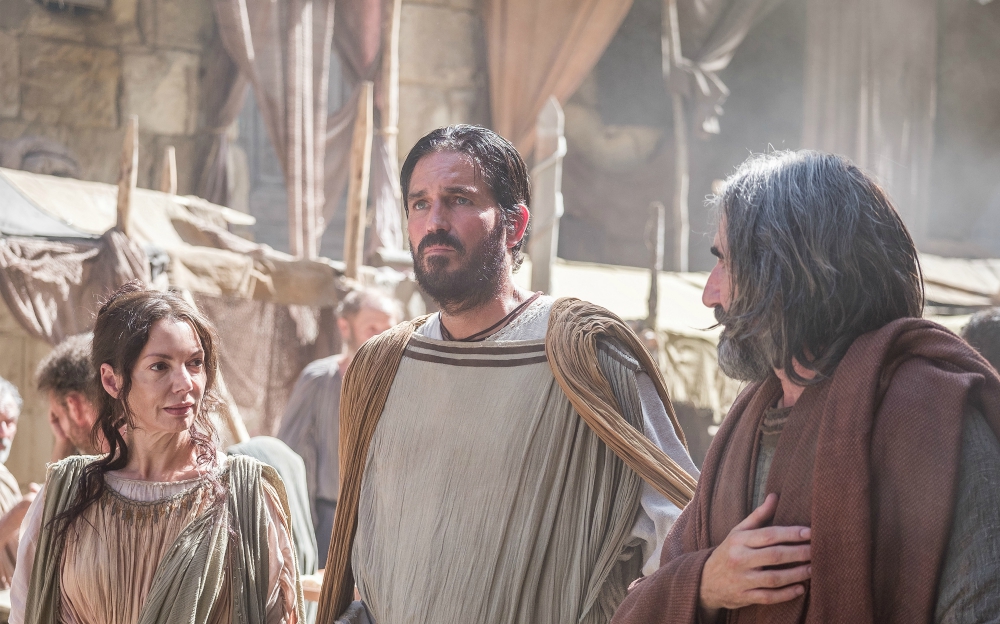 Joanne Whalley as Priscilla, Jim Caviezel as Luke and John Lynch as Aquila in "Paul, Apostle of Christ" (CNS/Sony Pictures)