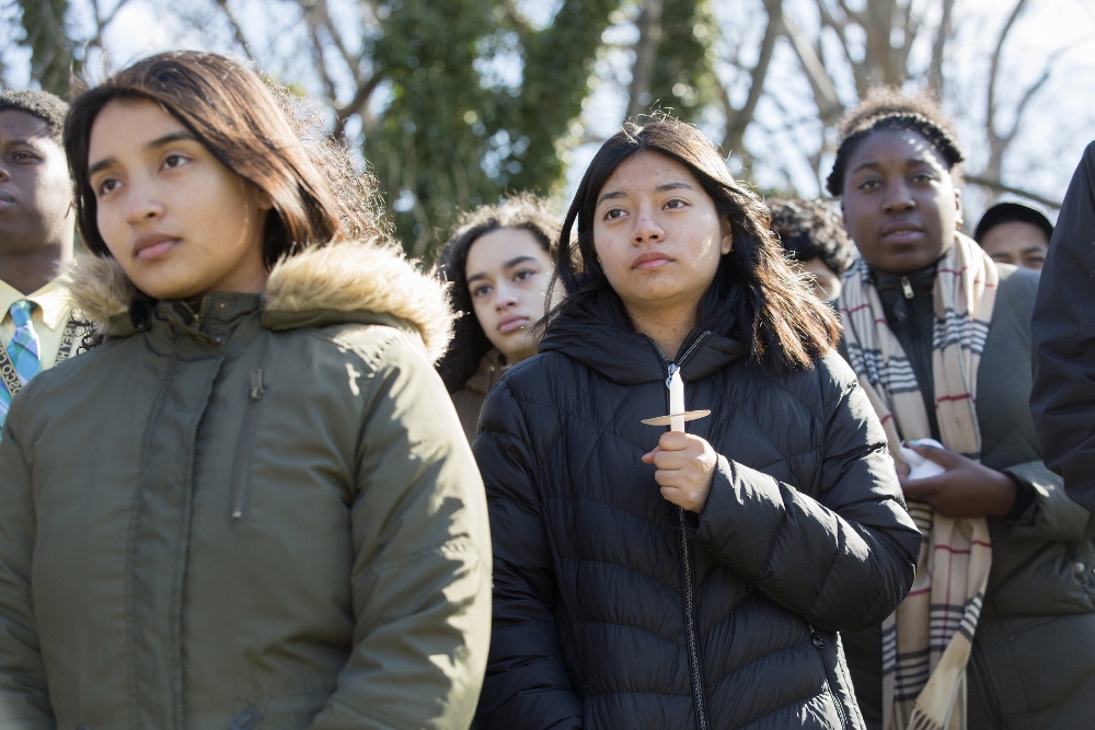 Students from the sophomore class at Don Bosco Cristo Rey High School in Takoma Park, Maryland, participate in the National School Walkout on March 14. (CNS/Catholic Standard/Jaclyn Lippelmann)