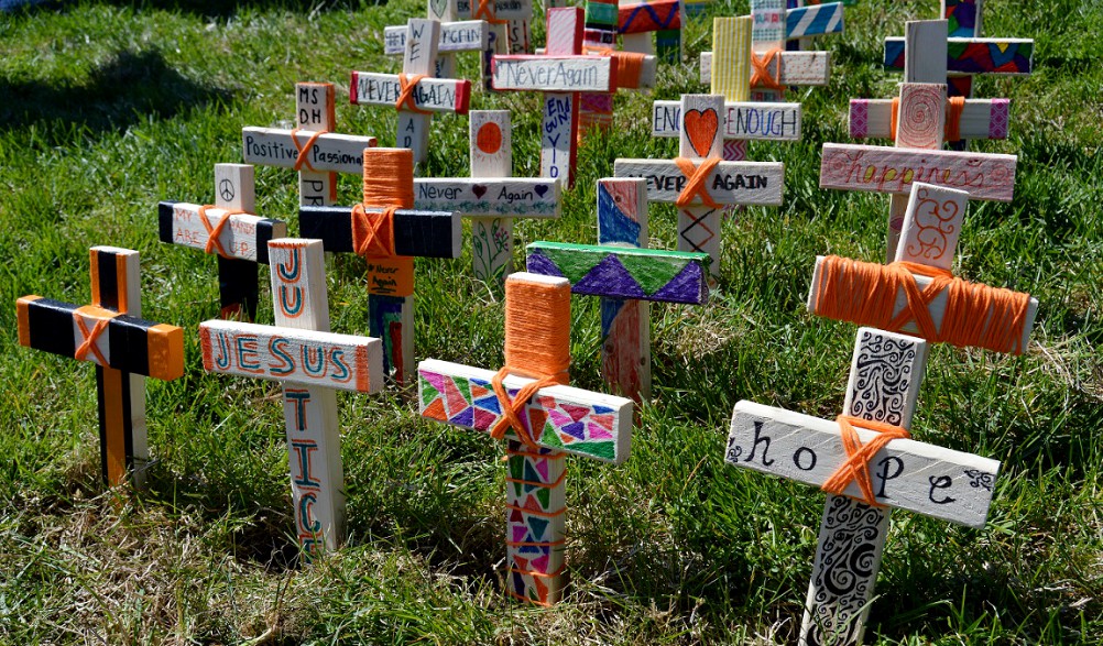 Students made these crosses as part of a "Day of Reflection for Peace" at Archbishop McNicholas High School in Cincinnati on April 20, 2018, which was the 19th anniversary of the school shooting at Columbine High School in Littleton, Colorado. (CNS)
