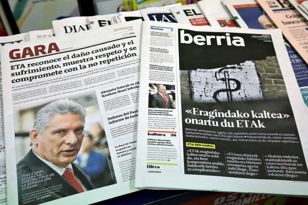 Basque newspapers in San Sebastián, Spain, show the ETA separatist organization's announcement asking for forgiveness April 20. (CNS/EPA/Gorka Estrada)