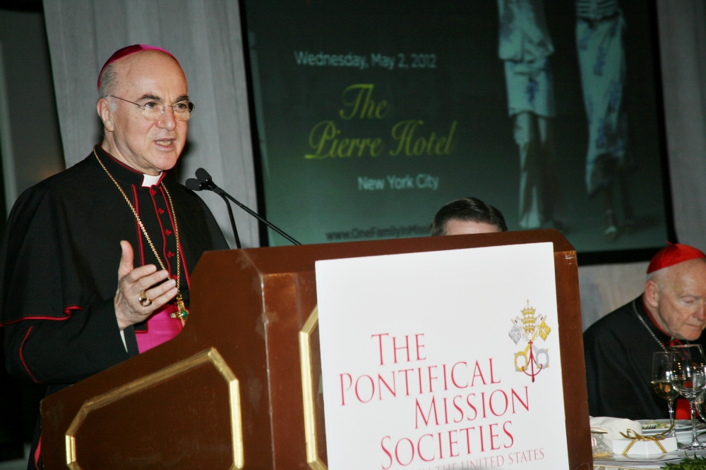 Archbishop Carlo Maria Viganò speaks at a dinner honoring then-Cardinal Theodore McCarrick, at right, in May 2012. (CNS/PMS/Michael Rogel) Archbishop Carlo Maria Viganò speaks at a dinner honoring then-Cardinal Theodore McCarrick, at right, in May 2012. (CNS/PMS/Michael Rogel)