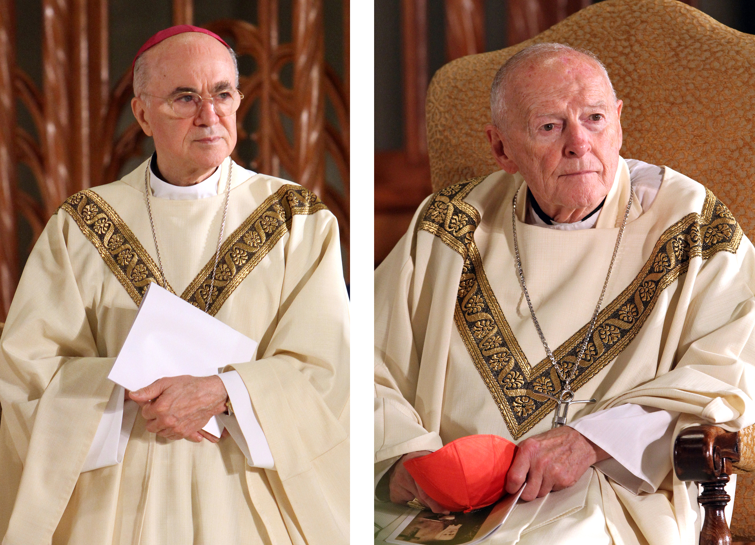 Archbishop Carlo Maria Vigano, then nuncio to the United States, and then-Cardinal Theodore E. McCarrick of Washington, are seen in a combination photo from Oct. 4, 2014. (CNS/Gregory A. Shemitz)